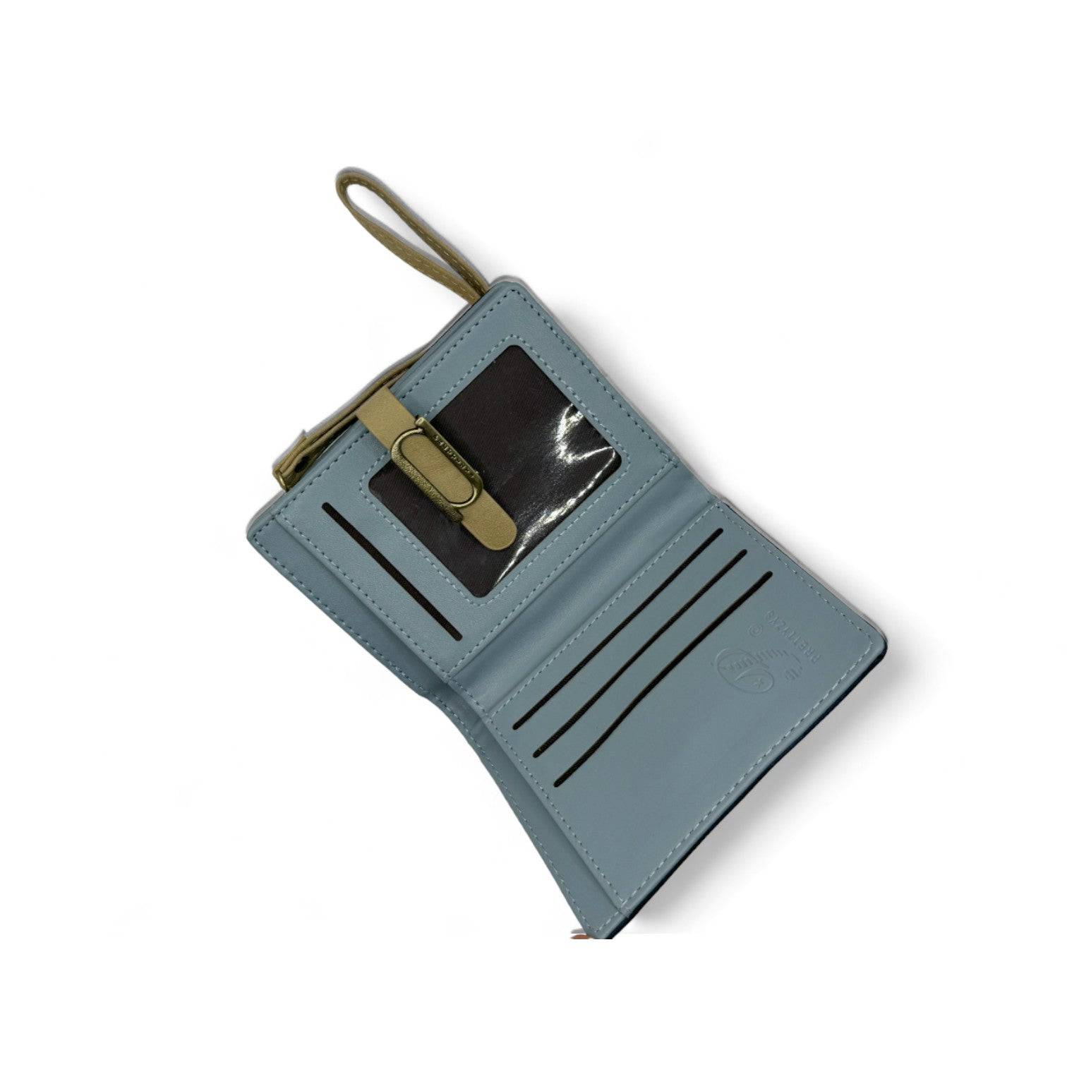 محفظة نسائية صغيرة الحجم مستطيلة الشكل باللون الازرق بيد وغالق من الجلد - KSA