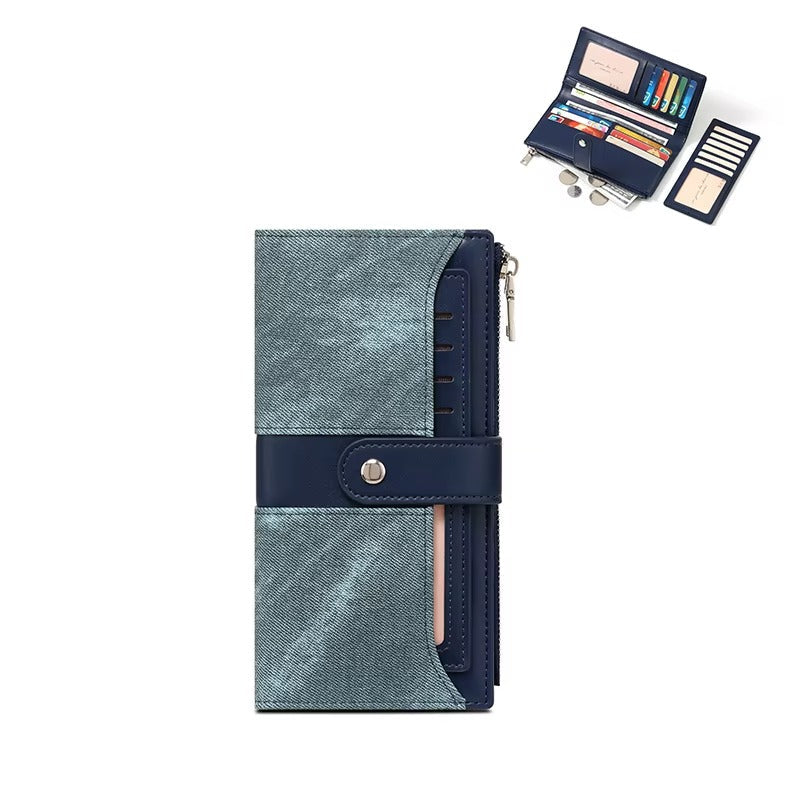 محفظة نسائية طويلة جلدية بتصميم جينز أزرق فاتح أنيق - KSA